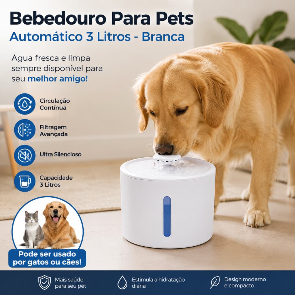 Bebedouro Fonte de Água Pet 3L Automático com Filtro Para Gato Cães Silencioso Animais de Estimação