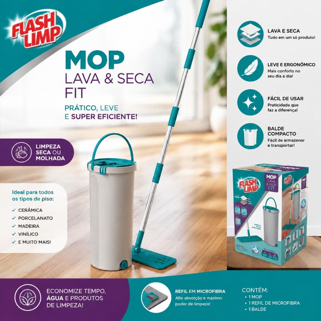 Mop Limpeza Lava e Seca Fit com Balde com Esfregão Microfibra Flash Limp Original
