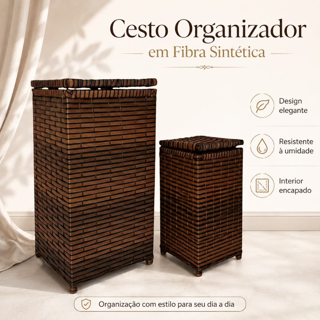 Kit 2 Cestos De Roupa Suja Com Tampa Roupeiro Organizador Banheiro Closet Lavanderia Fibra Sintética Artesanal Grande