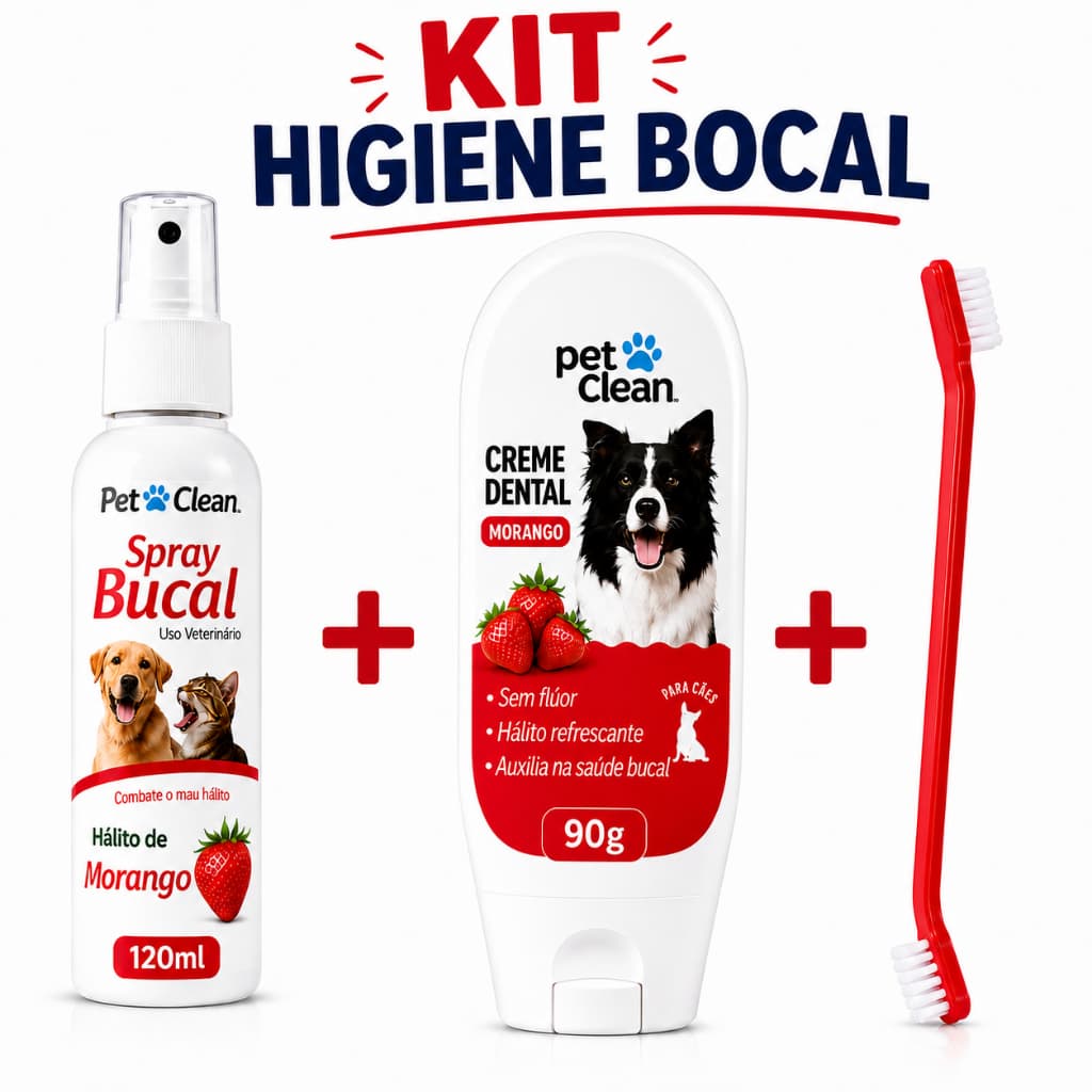 Kit Higiene bucal para Pets  Pet Clean Creme Dental 90GR  + Spray Bucal 120GR + Escova de Dente ponta Dupla