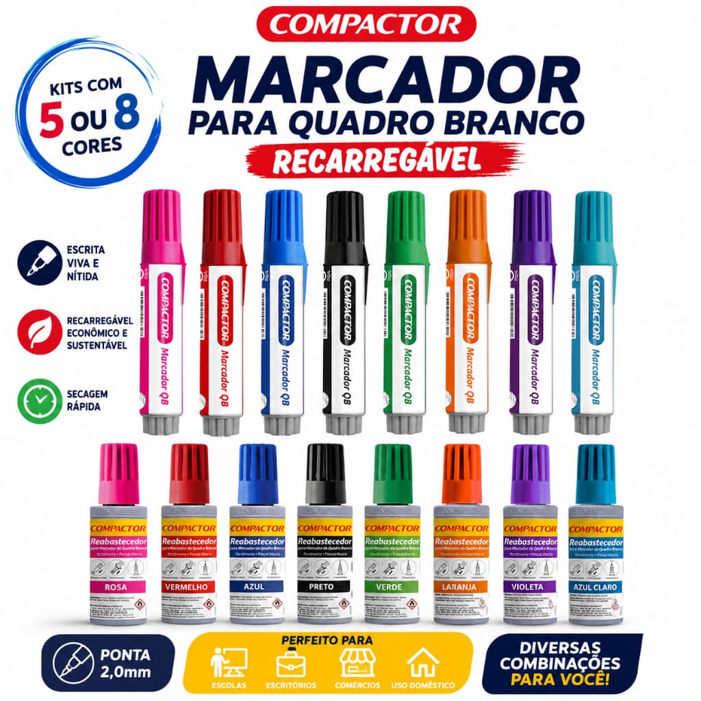 Marcador Para Quadro Branco Recarregável Compactor 8 Cores Kit com Refil