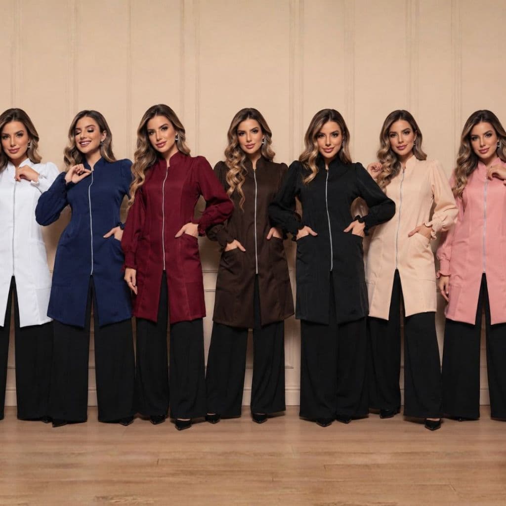 Jaleco  Fem Luxo Zíper Manga Bufante C/ Elastano Gabardine Várias Cores Sofie Gardenia Jalecos