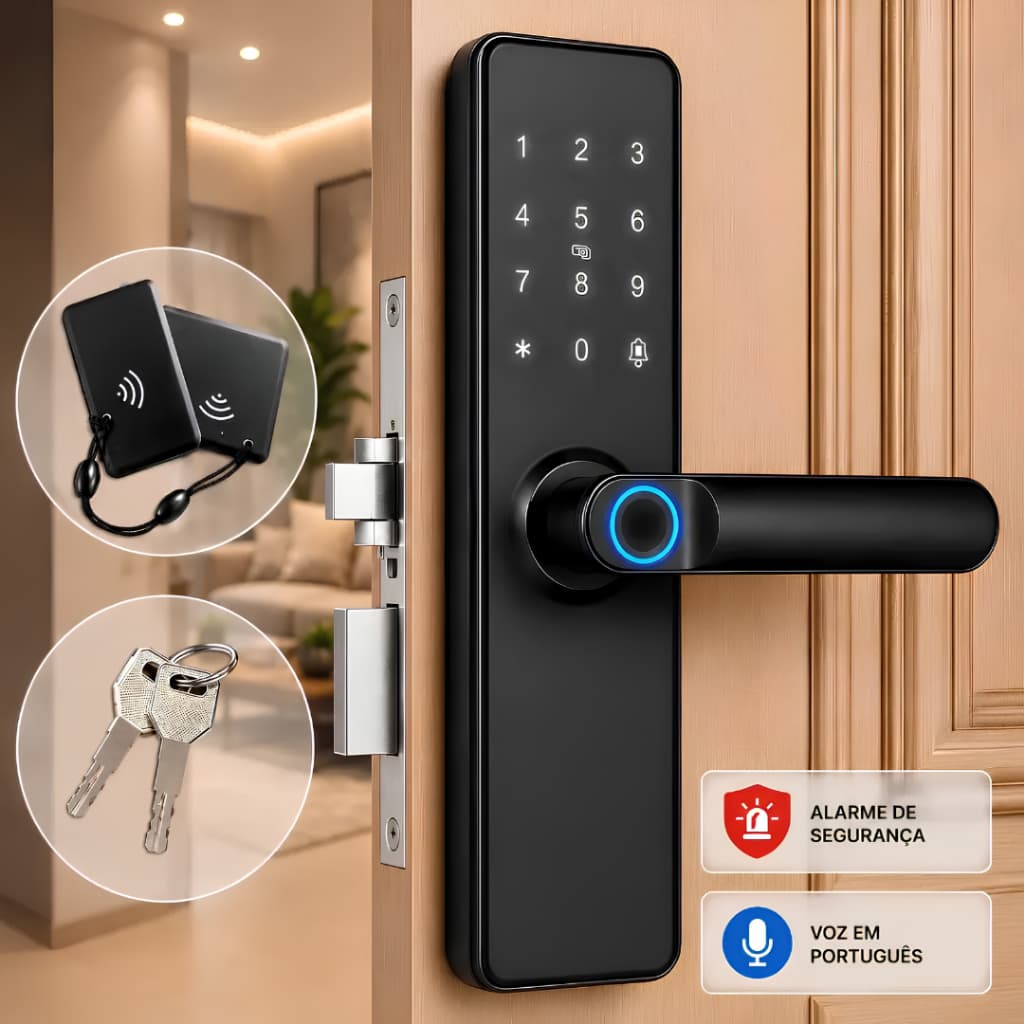 Fechadura Inteligente Digital 4em1 Biometria Impressão Senha Cartão Chave Voz Português-Knup