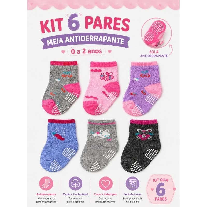 Kit 6 Pares Meia Antiderrapante Bebê Menina 0 a 2 Anos Infantil
