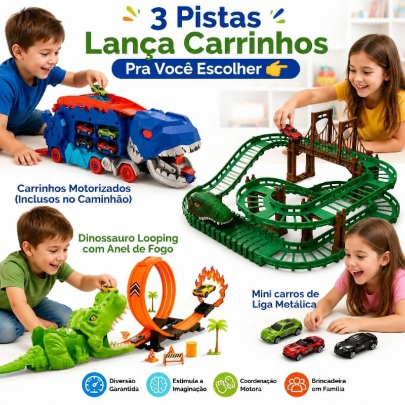 Pista Lança Carrinhos 4 em 1 Dino Truck T-Rex Grande Liga de Dinossauros Brinquedo Infantil