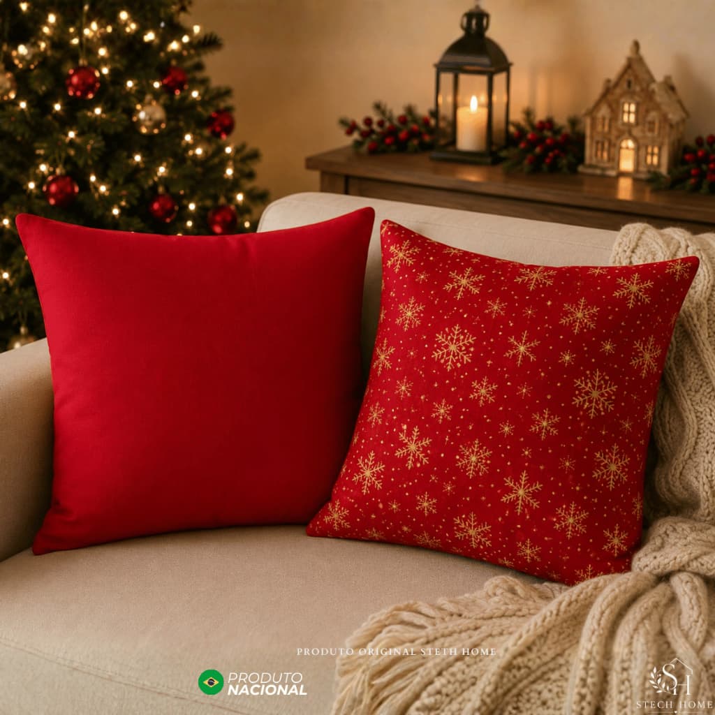 Kit 2 almofadas decorativas natal natalinas lisa e estampada 45x45 com refil e ziper