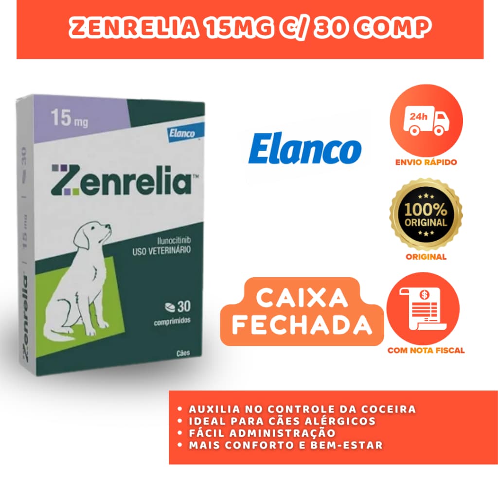 ZENRELIA 15 MG X 30 COMPRIMIDOS ANTIPRURIGINOSO E ANTI-INFLAMATÓRIO PARA CÃES