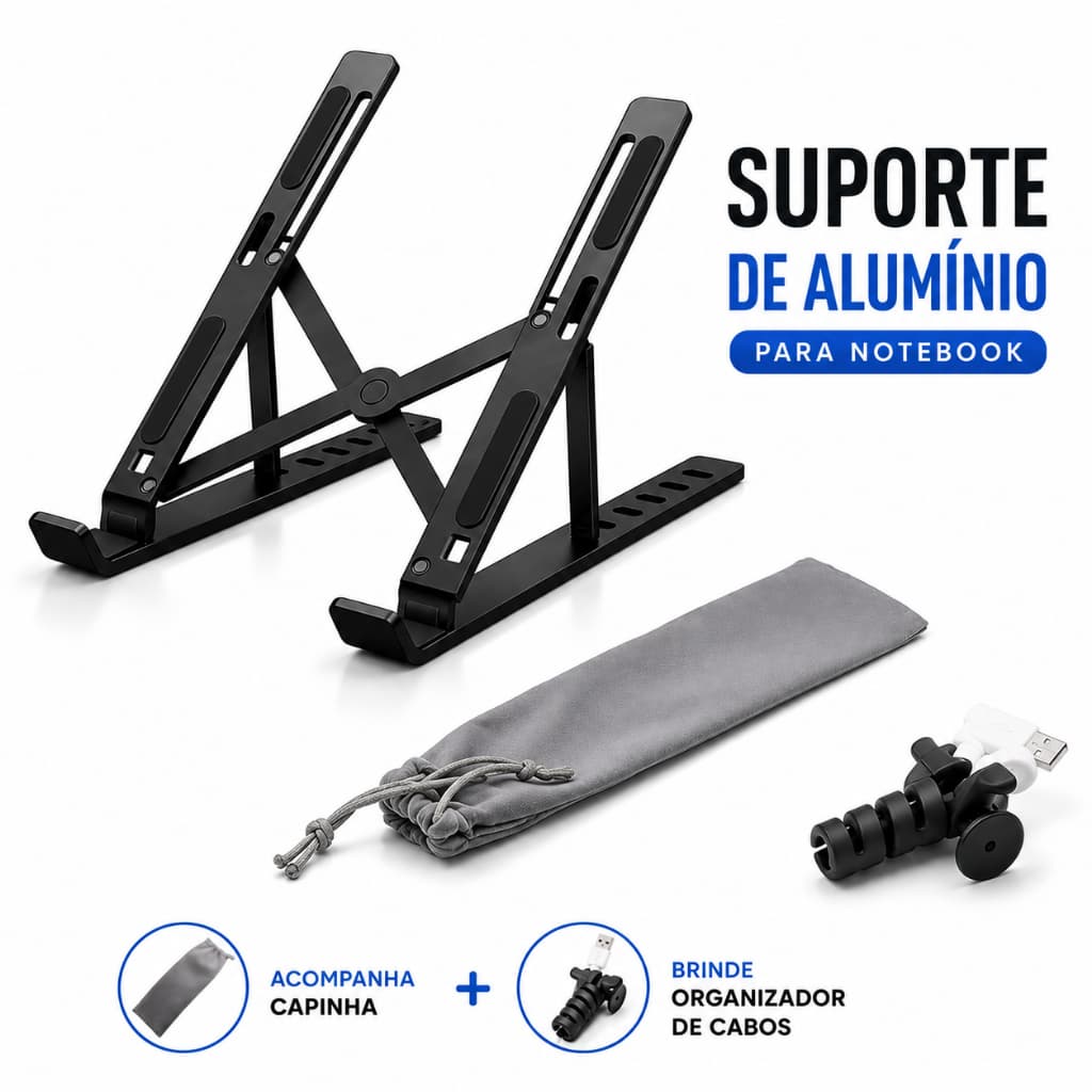 Suporte Base Notebook de Alumínio Ajustável 7 Níveis + Organizador Cabos