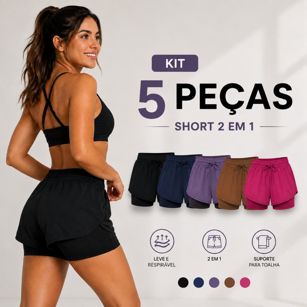 Kit 5 Berrmuda 2x1 Short Feminino Dryfit Treino Academia Fitness Corrida Esporte
