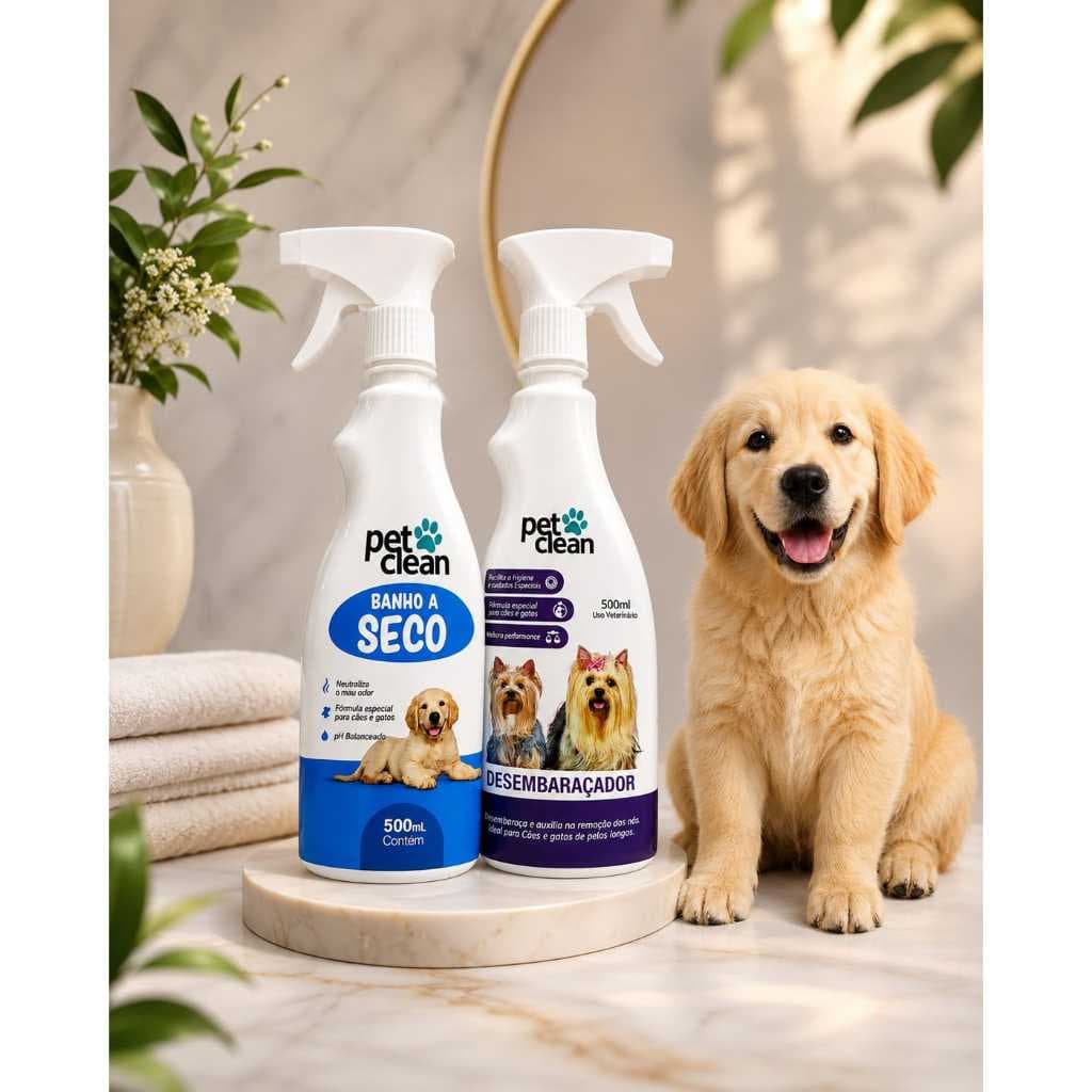 Kit 1 Banho a seco sem Enxague 500 ml + 1 Desembaraçador de Pelos 500ml Cachorro e Gatos Pet Clean Pet