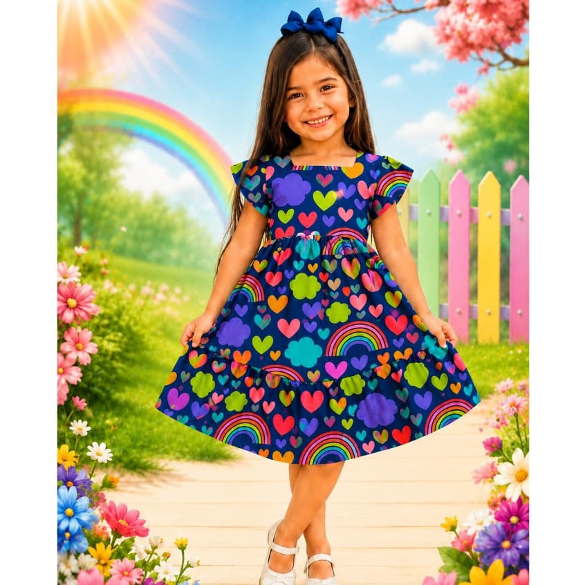 Vestido Infantil, Estampado, Menina , Rodado, Princesa.Midi, Festa, Passeio,Verão 2 a 9 Anos