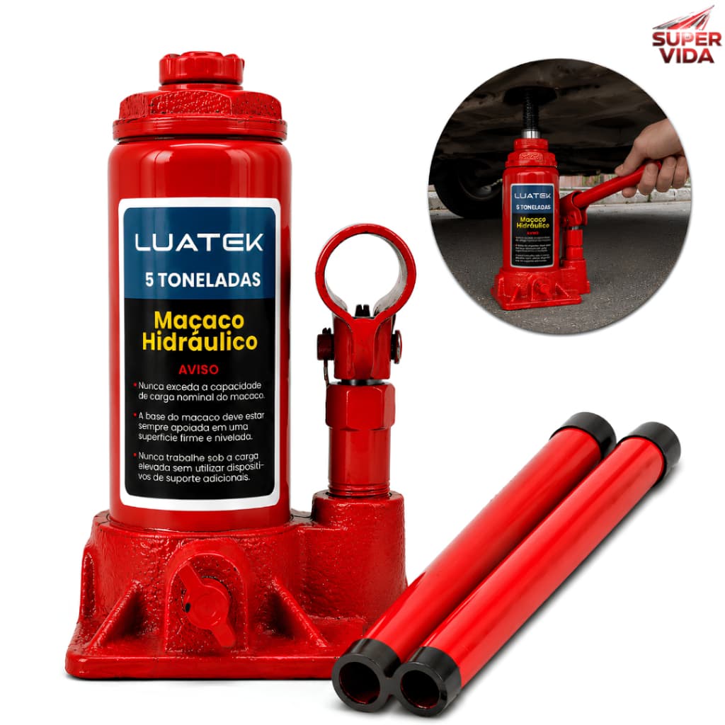 Macaco Hidráulico Garrafa Luatek 2T 3T 5T Aço 45 Para Carro Emergência e Oficina Automotiva-LUATEK