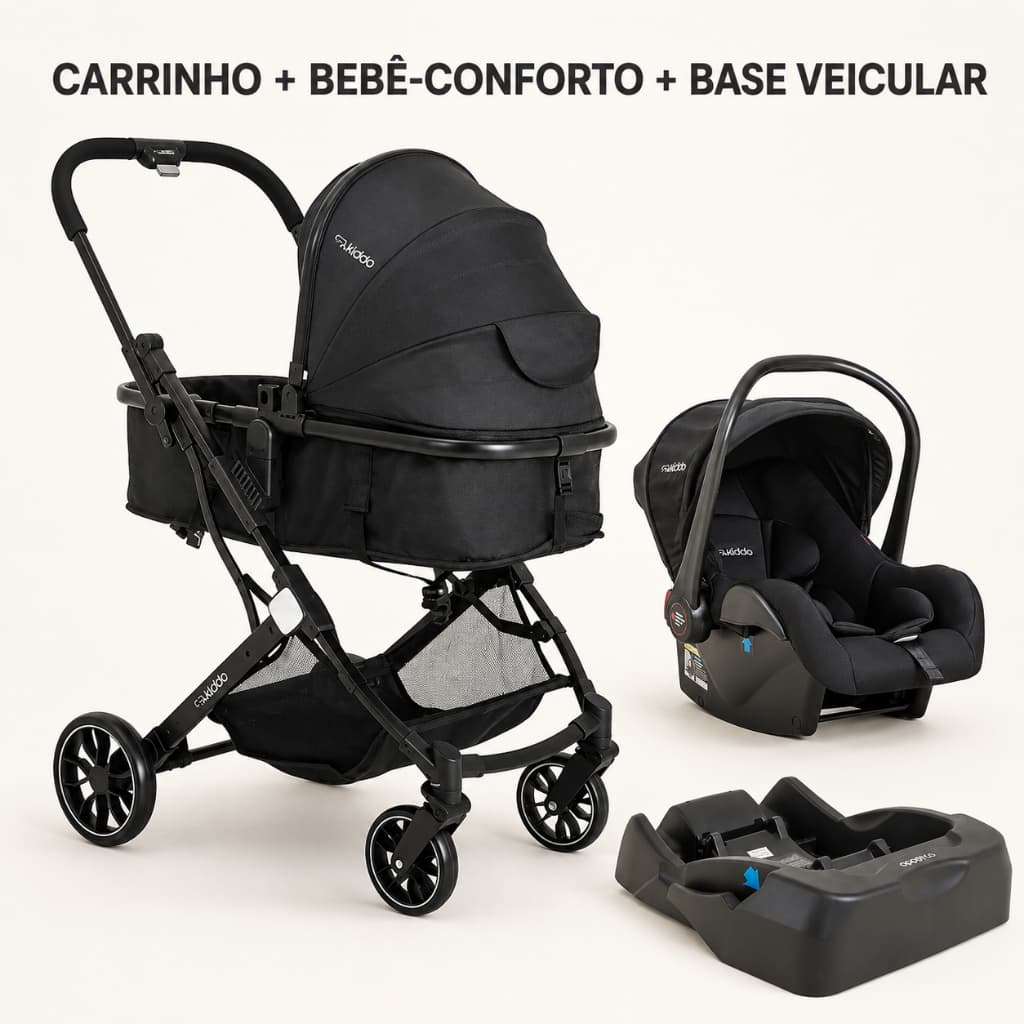 Carrinho de Bebê Kiddo Zig Zag Moisés Reversível Travel System + Bebê Conforto Casulo Click Preto + Base Carro