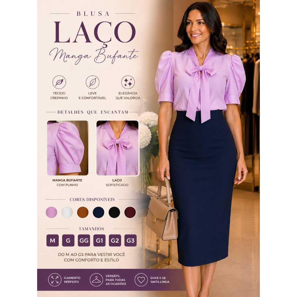 Blusa Feminina Social Laço Manga Bufante Curta Tecido Crepinho Elegante Moda Evangélica Executiva Tamanhos M ao G3