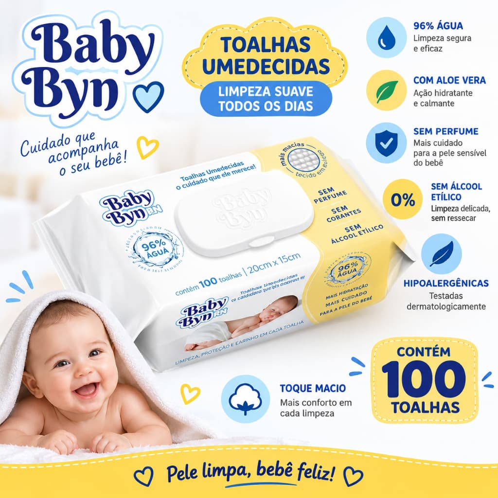 Lenço Umedecido Baby Byn RN Pacote 100 Unidades Sem Alcool Sem Perfume Recem Nascido Hipoalergenica