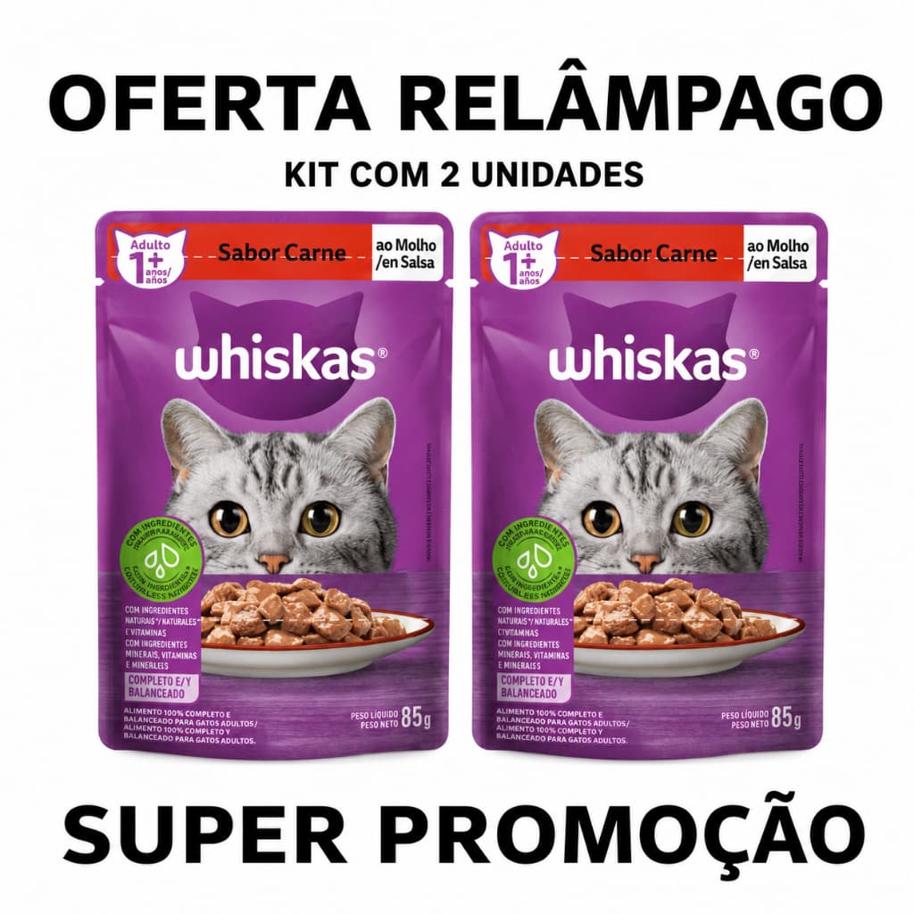KIT 2 Sache Ração Úmida Whiskas Carne Molho Gatos Adultos Alimento Felino