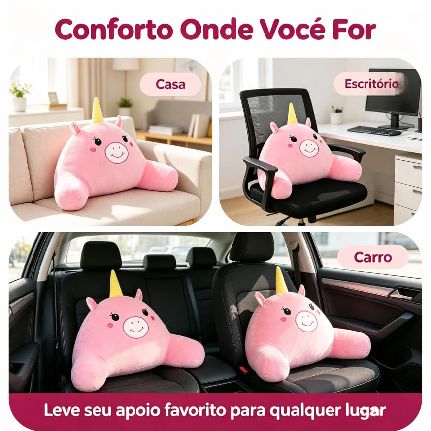 Almofada Encosto Lombar Desenho Unicórnio, Confortável para Escritório, Veículo e Ambiente Doméstico