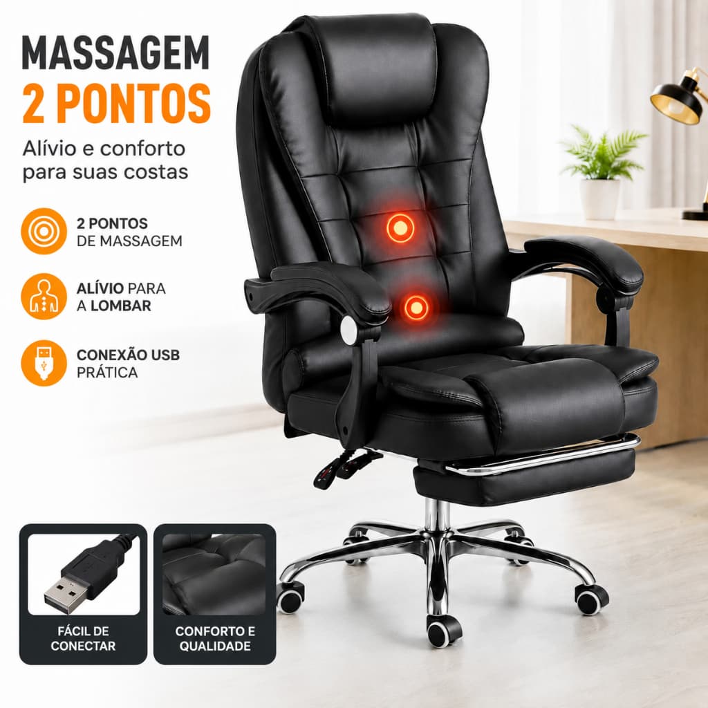 Cadeira De Escritório Presidente Reclinável Ergonômica com Massagem Brave Bull Suporta até 150 kg
