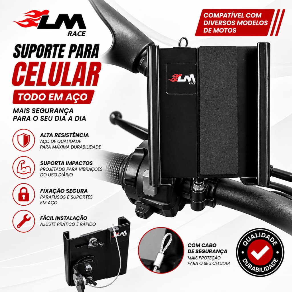 Suporte de Celular LM Race para Moto Aço Reforçado Fixação Retrovisor Universal cor Preto