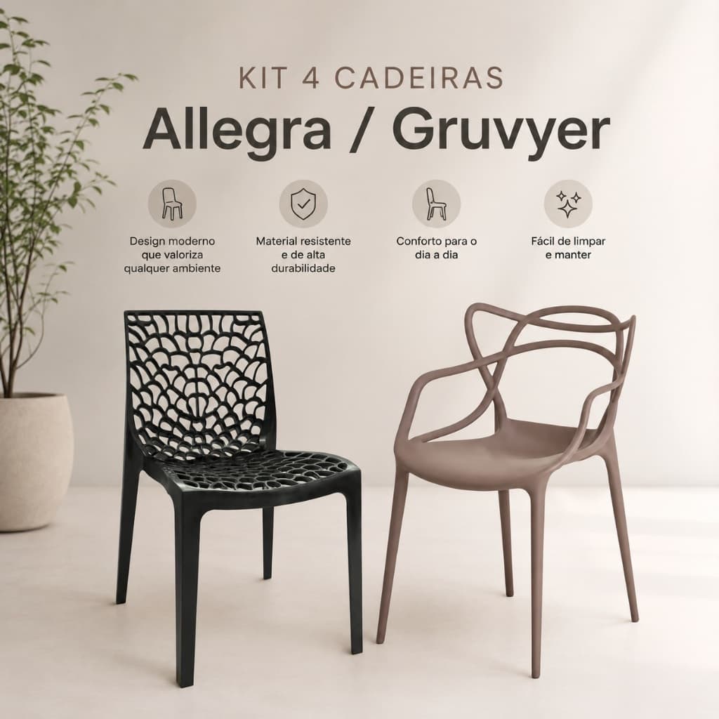Kit 4 Cadeira Para Mesa, Cozinha Sala de Jantar Área Gourmet Allegra ou Gruvyer Preto, Fendi e Nude