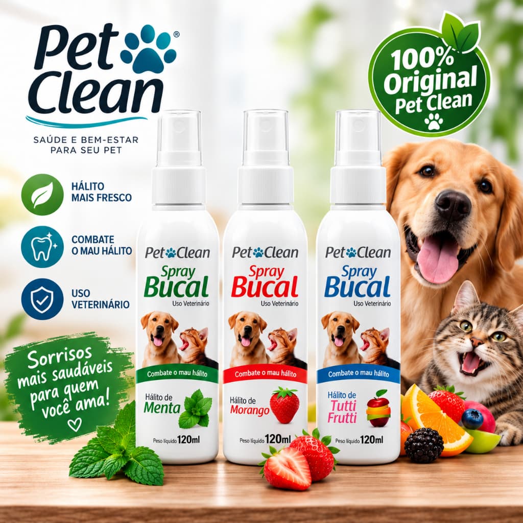 Spray Bucal Contra Mau Halito para Cachorro Cães e Gatos Sabor Pet Clean 120ml