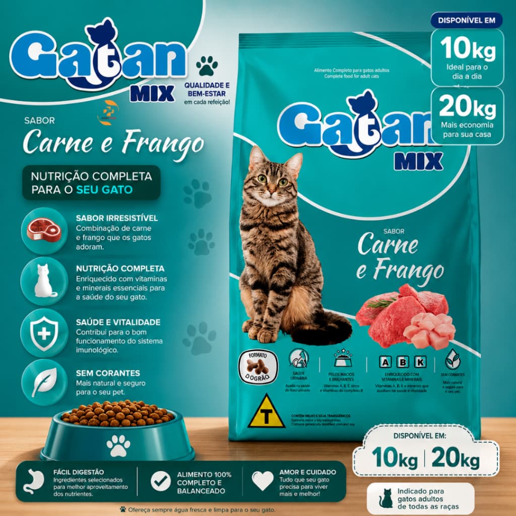 Ração Seca Gatan Mix para Gatos Adultos Sabor Carne e Frango 10kg/20kg