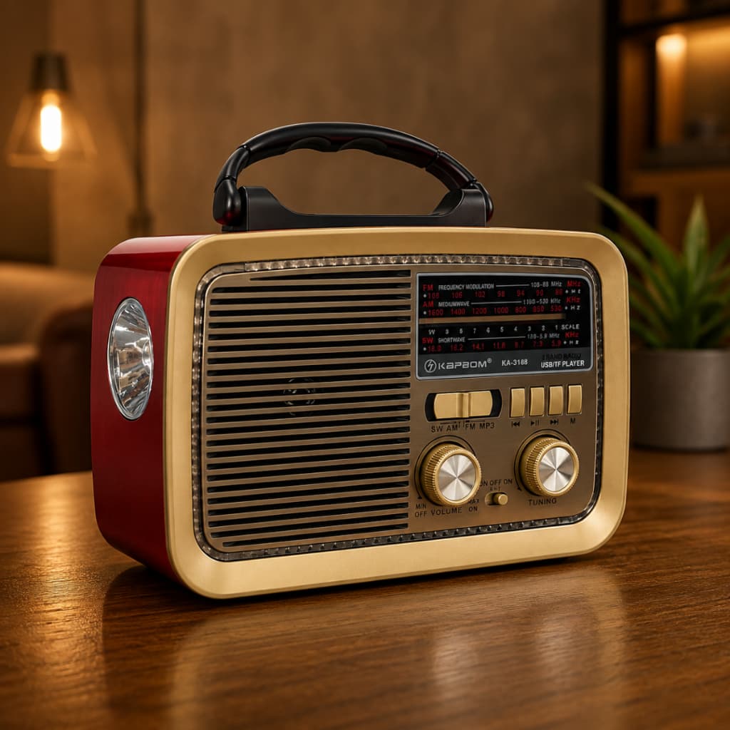 Rádio Retrô Portátil Kapbom KA-3188 Bluetooth AM FM SW USB TF com Lanterna Recarregável Bivolt