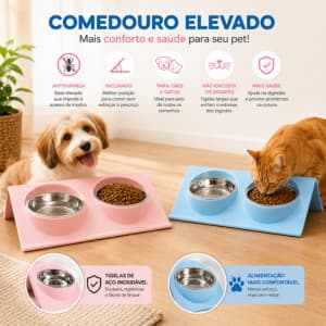 Comedouro Duplo Elevado e Inclinado 15° em Inox -Antiformiga e Antivômito, com Tecnologia "Barba Seca" para Cães e Gatos