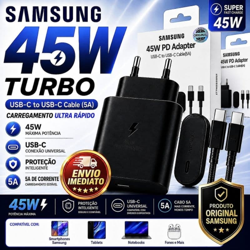 {ORIGINAL} Carregador Samsung 45W TURBO Tipo-C Super Rápido| Para Samsung, Xiaomi, Motorola, iPhone