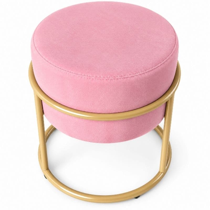 Puff Redendo Decorativo Veludo Rosa Com a Base de Ferro 48x35cm
