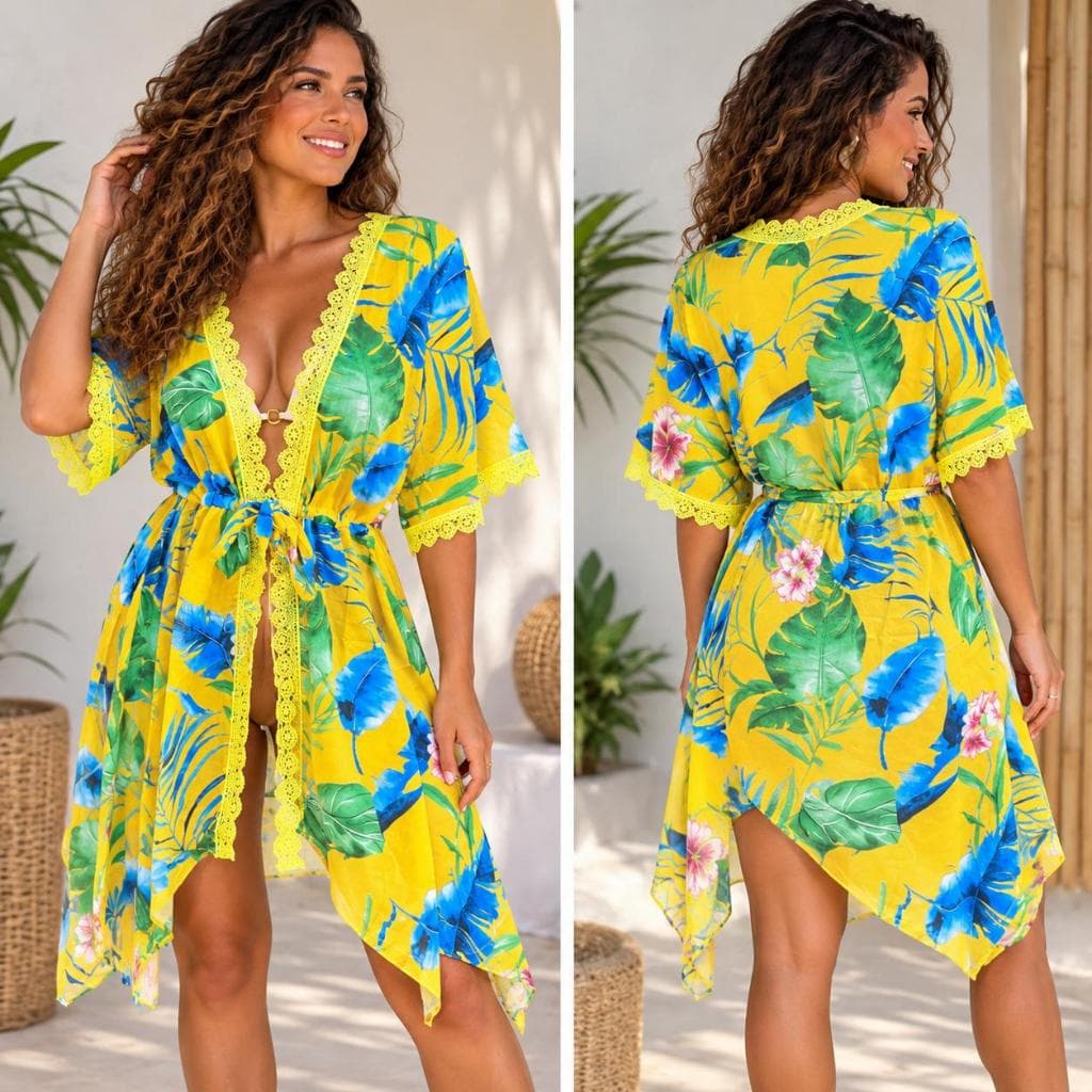 Saída de Praia Kimono em Viscose com Renda Guipir – Estampada