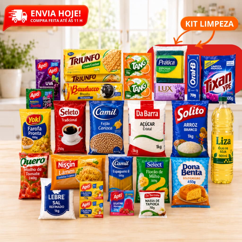 Cesta Básica Completa 24 Itens Cesta de Alimentos + Mini Kit Limpeza