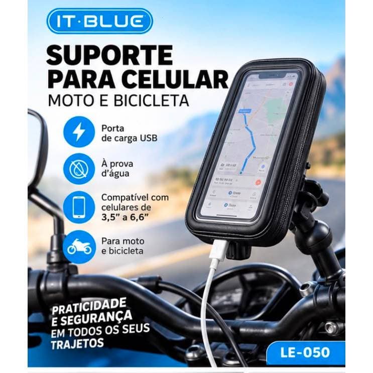 Suporte Celular Moto Bicicleta IT-Blue LE-050 com Carregador USB à Prova D’Água 3,5 a 6,6”