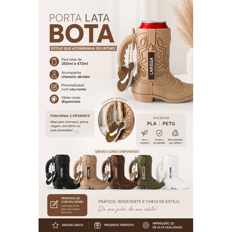 Porta Lata Bota Country Personalizado 350ml e 473ml + Chaveiro Abridor | Presente Criativo