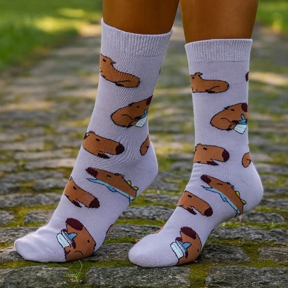 Meia Cano Alto Capivara Lilas Divertida Algodão Premium Atoalhada Confortável Casual