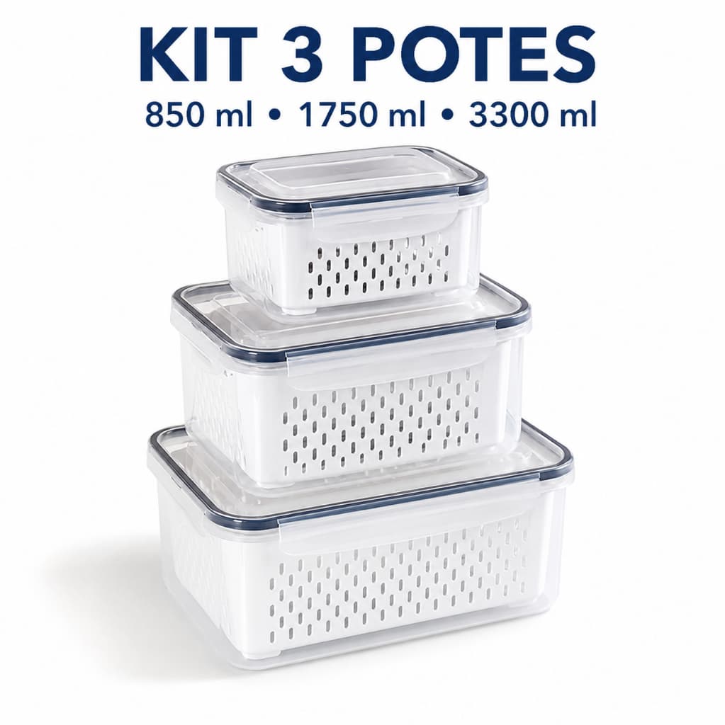 Kit 3 Potes Organizadores para Geladeira com Cesto de Drenagem 850ml 1,75L e 3,3L