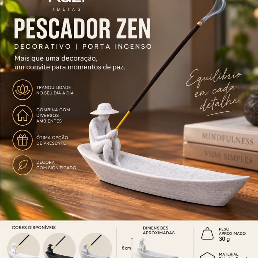 Pescador Zen Porta Incenso com Barco Decorativo Incensário | Enfeite Meditação Decoração Espiritual Quarta Sala Altar