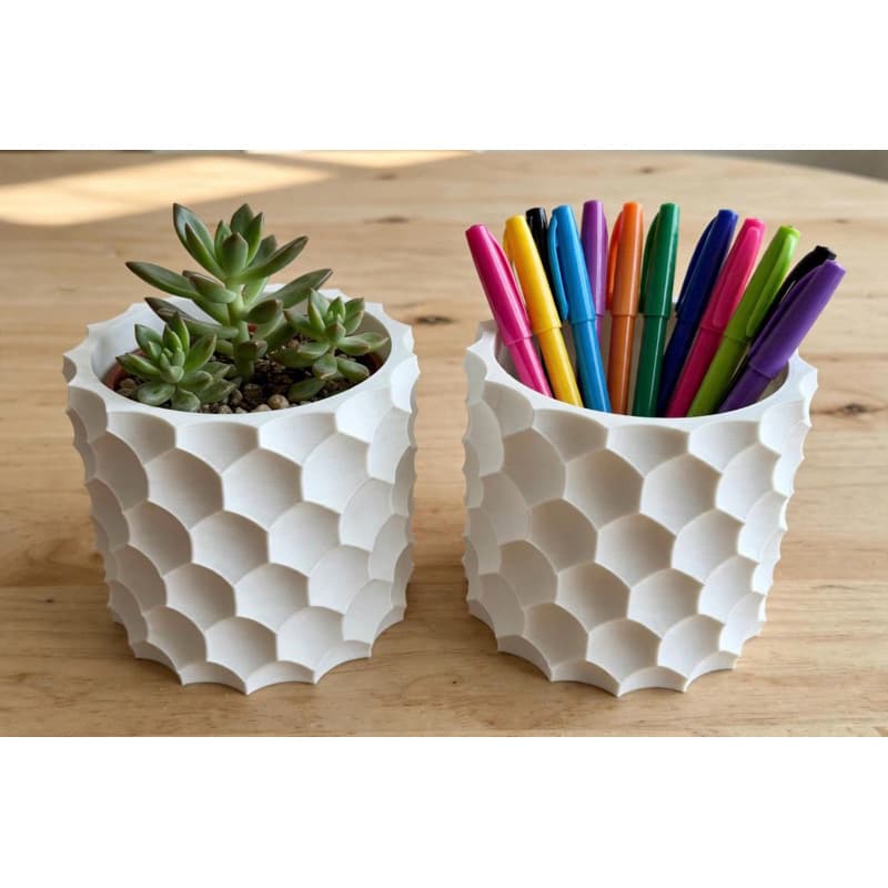 Vaso Escama 8cm Branco - Cachepô Suculenta Cacto + Porta Canetas Organizador Mesa 3D Decoração