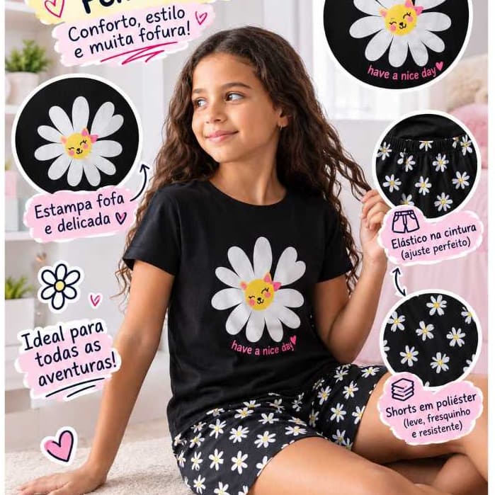 Conjunto pijama infantil verão menina tema Flor tamanho 1 ao 8 shorts + blusa manga curta confortavel