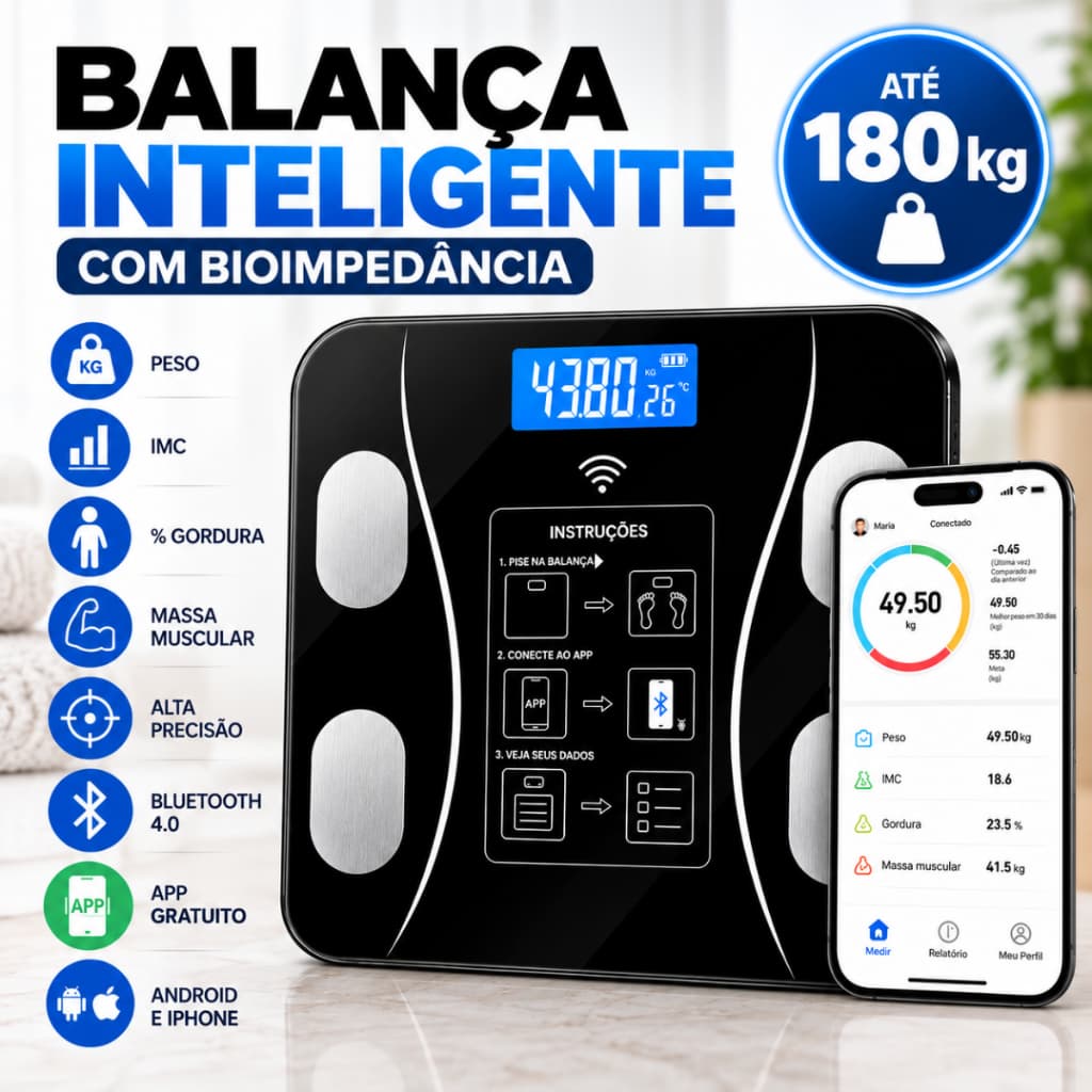 Balança Digital Inteligente Bioimpedância Bluetooth Até 180kg IMC Gordura Corporal App Celular
