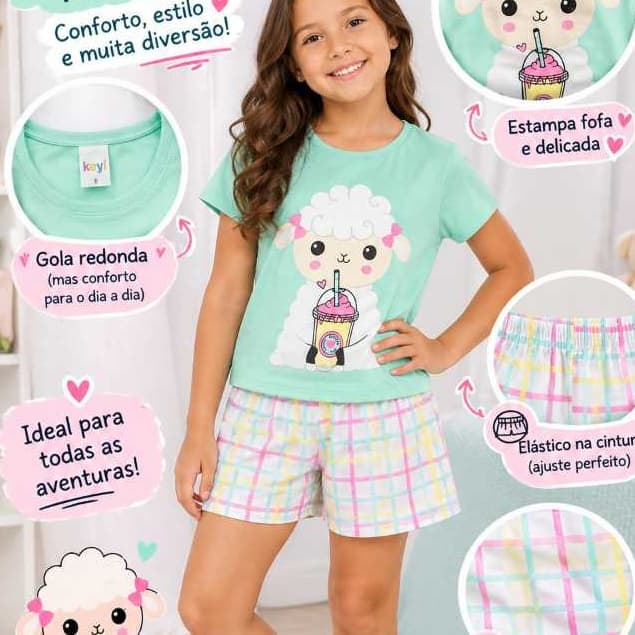 Conjunto pijama infantil verão menina tema Ovelha tamanho 1 ao 8 shorts + blusa manga curta confortavel