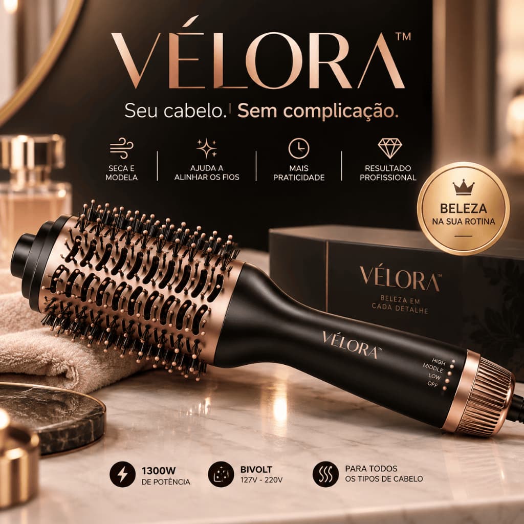 Escova Secadora VÉLORA 1300W Bivolt Profissional – Escova Modeladora Alisadora e Secadora de Cabelo