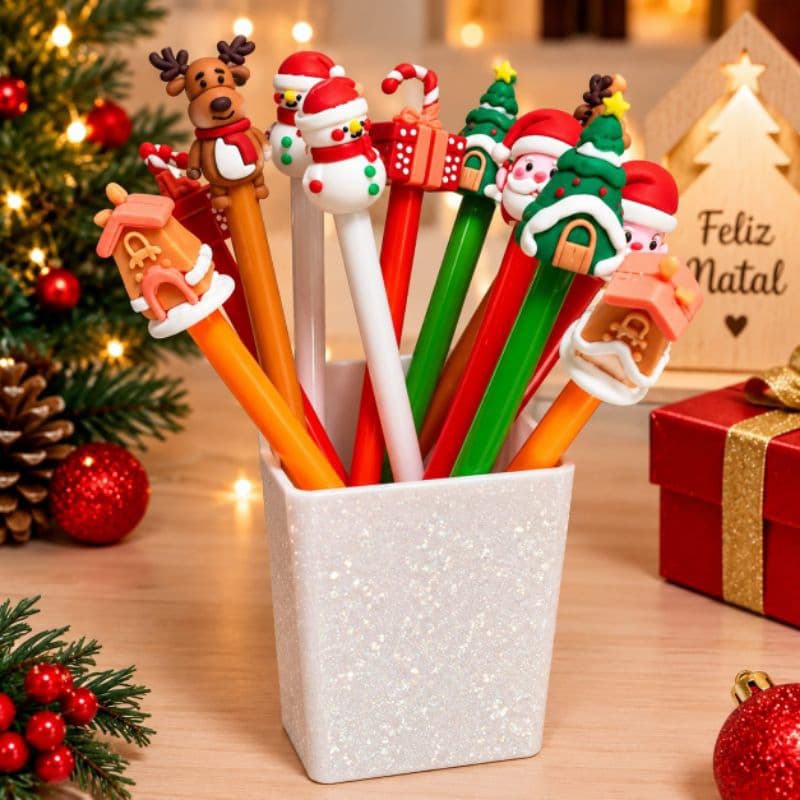 15 Canetas Natal/ Escrita Azul (c102)/ Ponta fina/ Caneta papai Noel/ Caneta Natal/ Caneta divertida/ árvore de natal