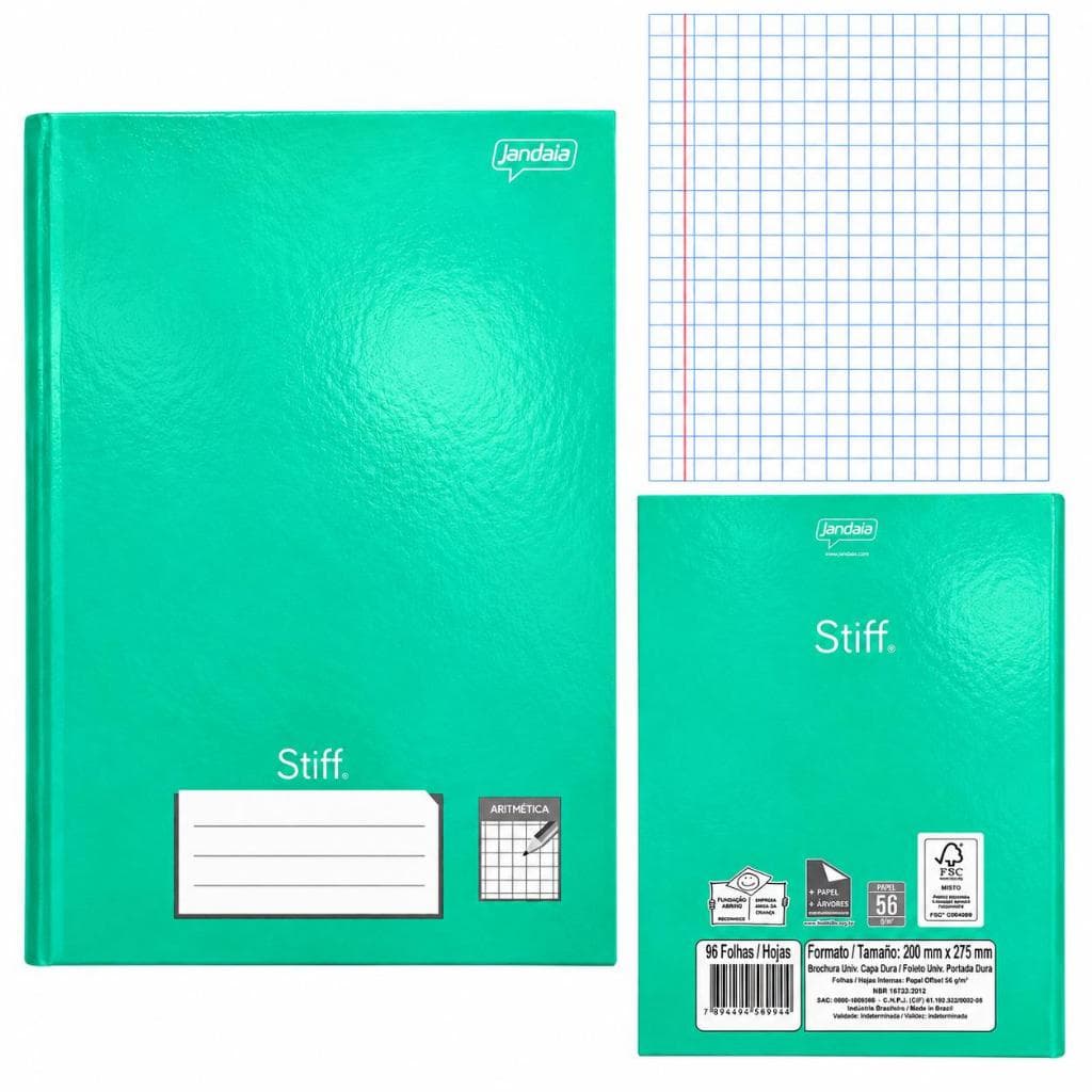CADERNO QUADRICULADO GRANDE 7x7 CAPA DURA COSTURADO 96F VERDE STIFF JANDAIA