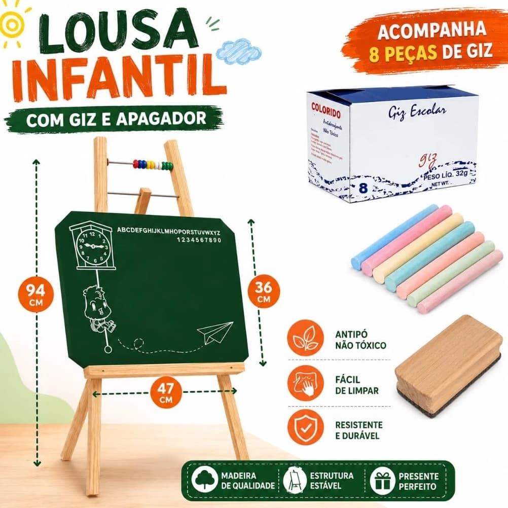 Lousa Quadro Verde Infantil C/ Cavalete + Giz E Apagador