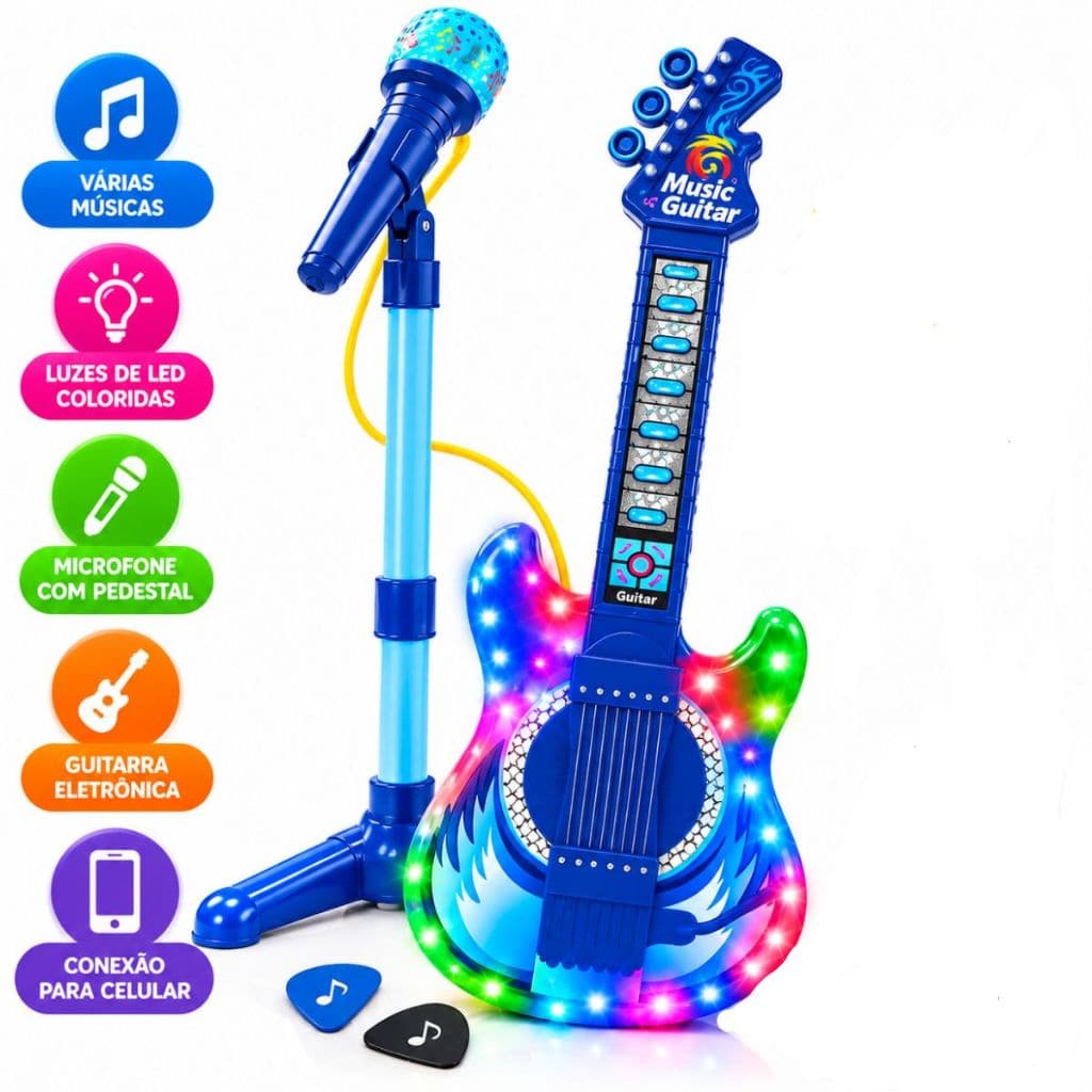 Guitarra Musical Infantil com Microfone e Pedestal Karaokê MP3 - Azul Menino Menina