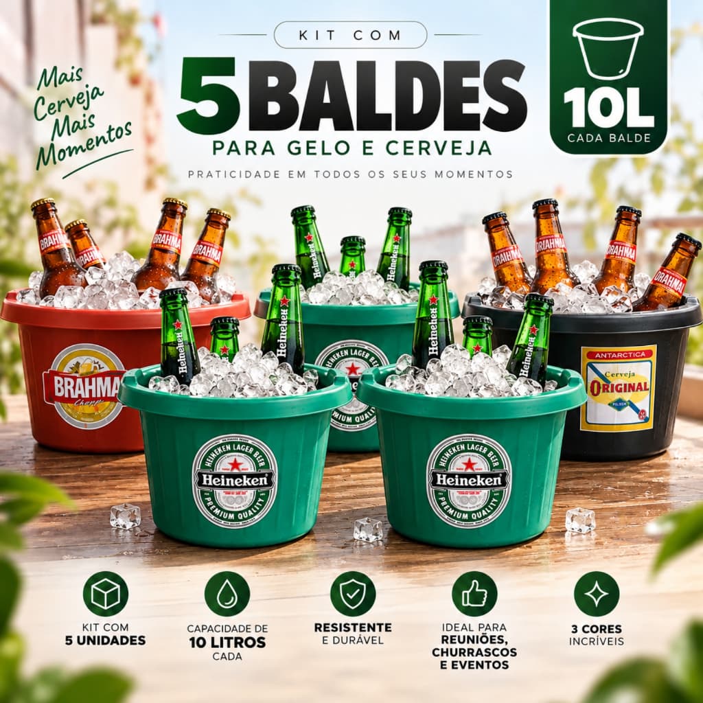 Kit 5 Baldinho gelo cerveja bares e baladas balde 10 litros com logo adesivo