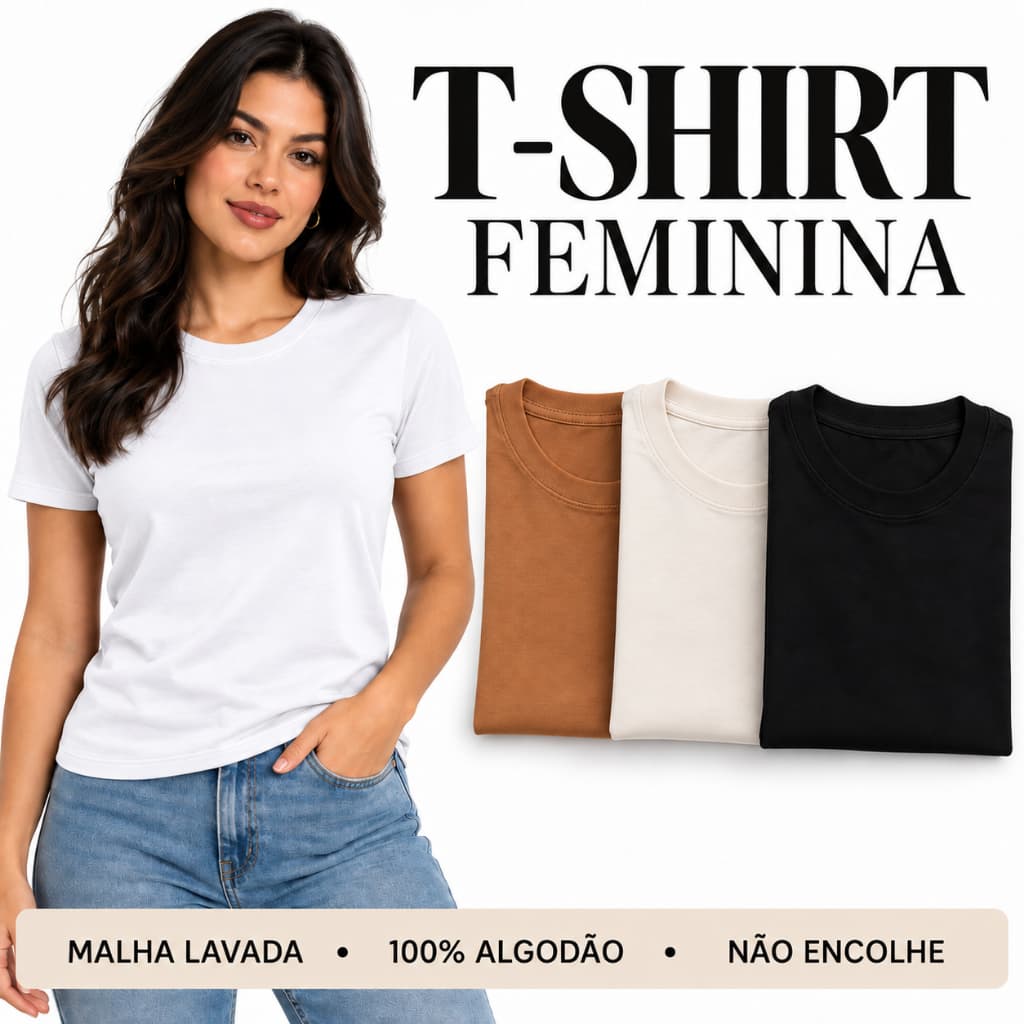 Camiseta Feminina Básica 100% Algodão Fio 30.1 T-Shirt Lisa Premium Não Transparente P ao GG Malha Lavada Não Encolhe