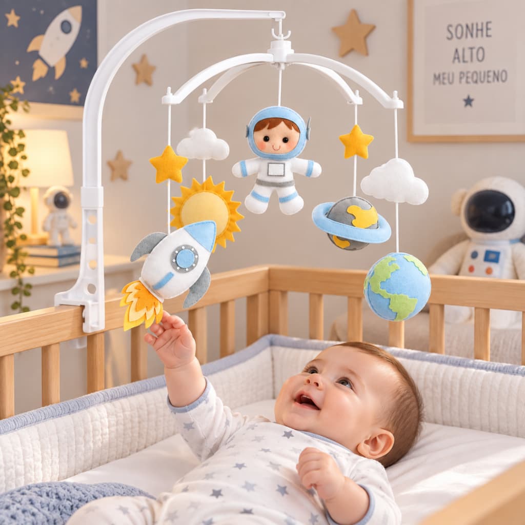 Móbile Giratório Musical Berço Bebê Menino Astronauta Planetas Universo Melodia Suave para Relaxamento Sono Infantil