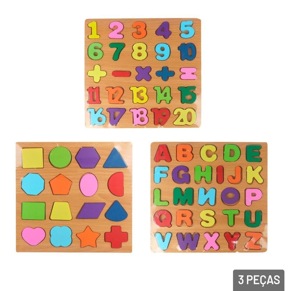 Kit 3 Tabuleiro Educativos Alfabeto Números e Formas Geométricas Brinquedo Montessori Madeira